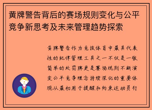黄牌警告背后的赛场规则变化与公平竞争新思考及未来管理趋势探索